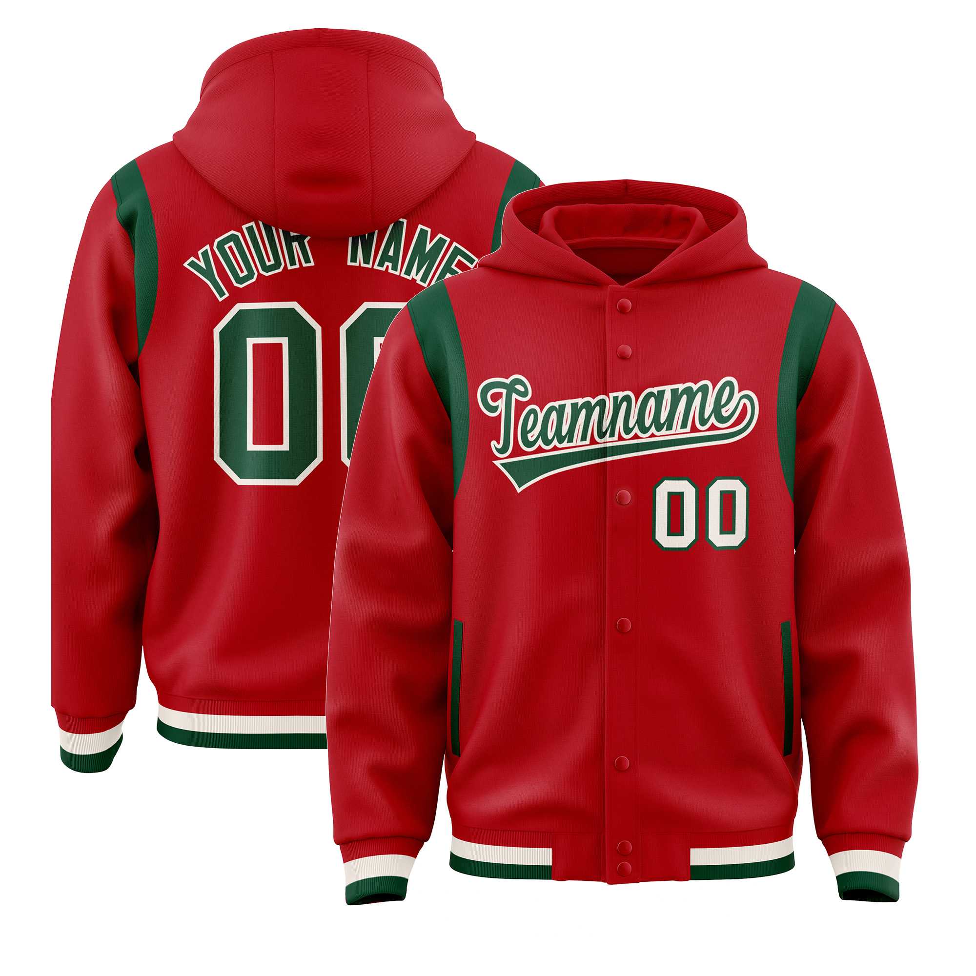 Custom Red Green Varsity Full-Snap Letterman Shoulder Color Block Hoodie Jacket