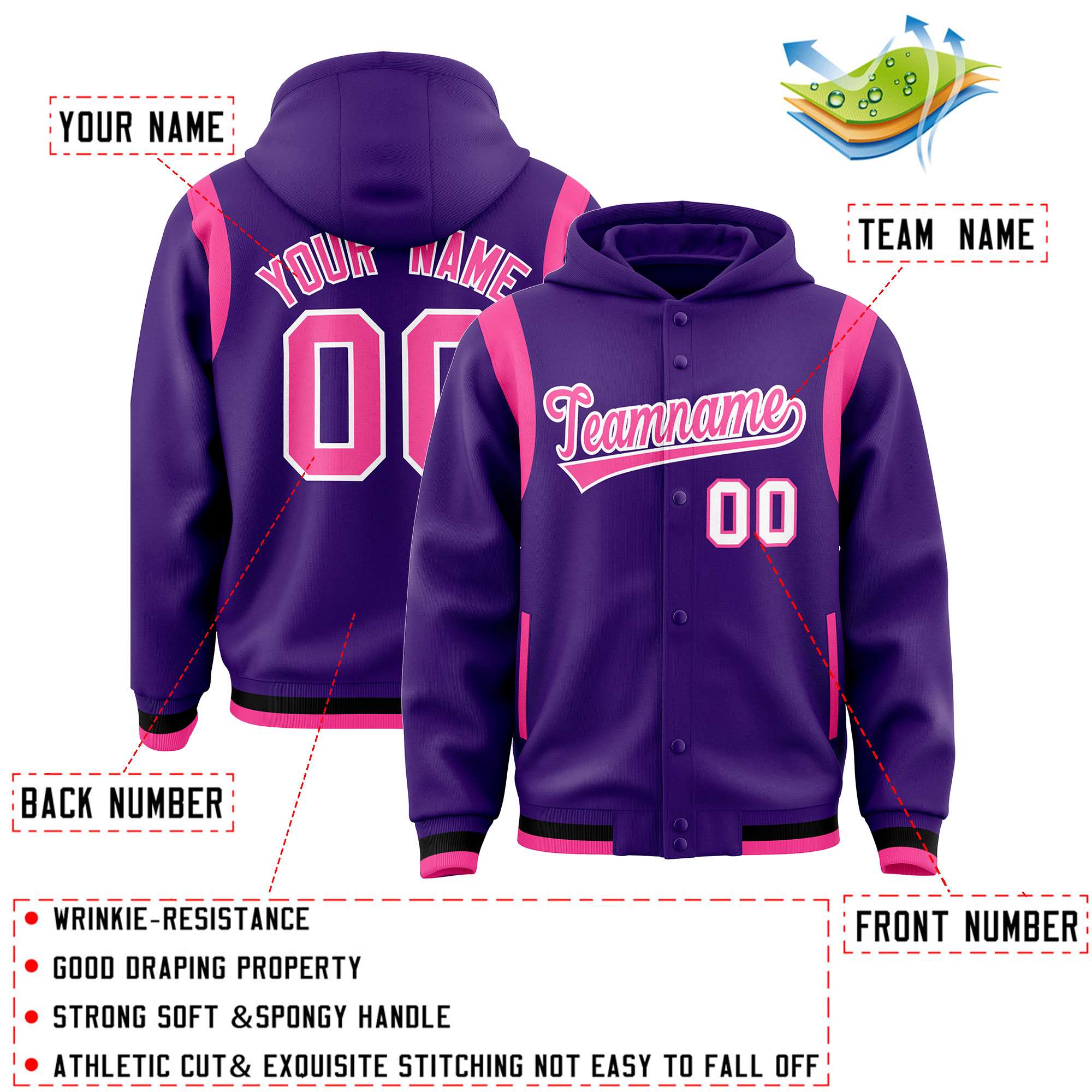 Custom Purple Pink Varsity Full-Snap Letterman Shoulder Color Block Hoodie Jacket