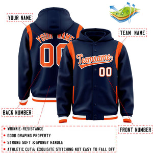 Custom Navy Orange Varsity Full-Snap Letterman Shoulder Color Block Hoodie Jacket