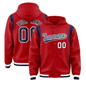 Custom Red Navy Varsity Full-Snap Letterman Shoulder Color Block Hoodie Jacket