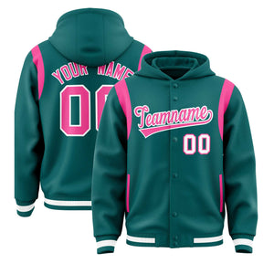 Custom Aqua Pink Varsity Full-Snap Letterman Shoulder Color Block Hoodie Jacket