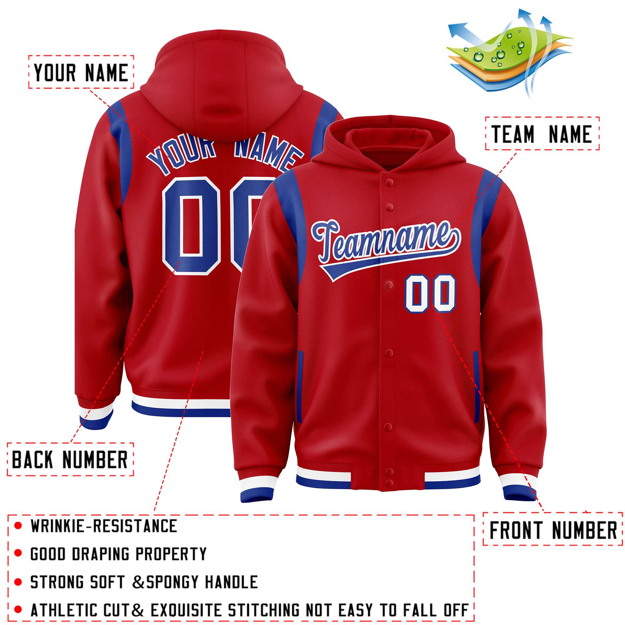 Custom Red Royal Varsity Full-Snap Letterman Shoulder Color Block Hoodie Jacket