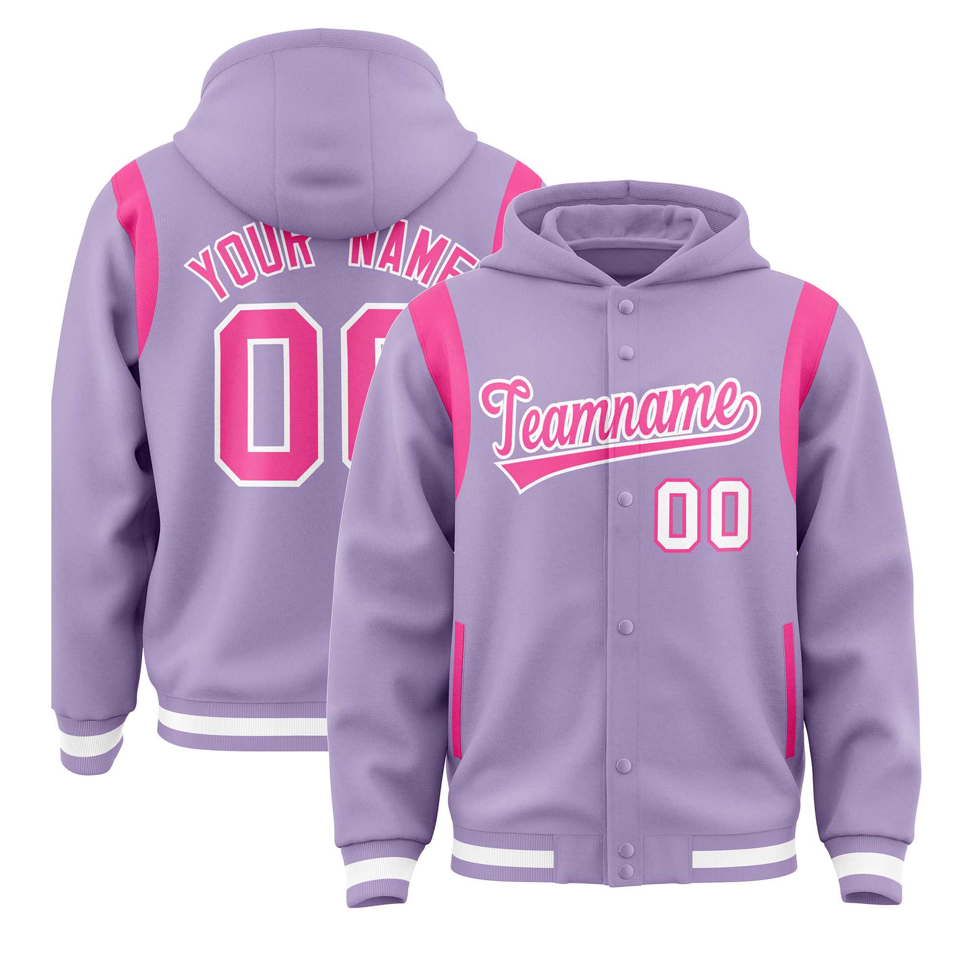 Custom Light Purple Pink Varsity Full-Snap Letterman Shoulder Color Block Hoodie Jacket