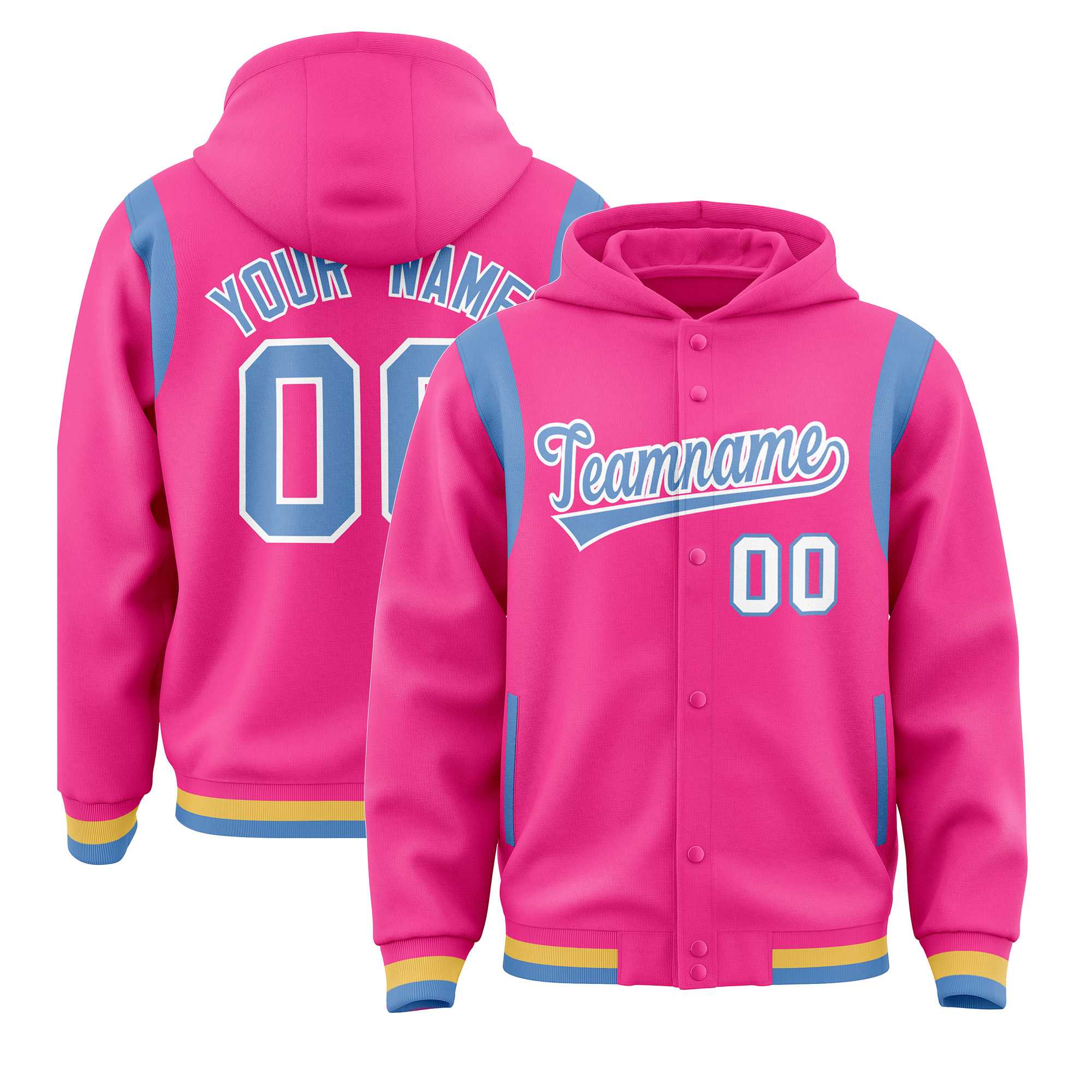 Custom Pink Light Blue Varsity Full-Snap Letterman Shoulder Color Block Hoodie Jacket