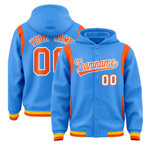 Custom Powder Blue Orange Varsity Full-Snap Letterman Shoulder Color Block Hoodie Jacket