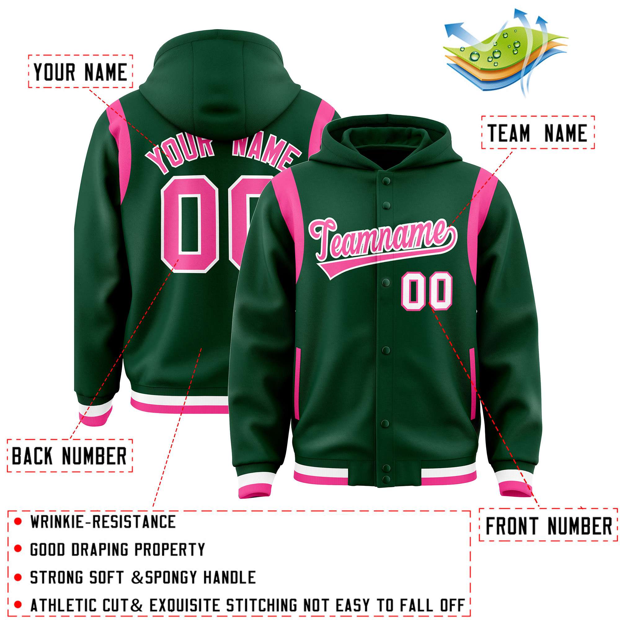 Custom Green Pink Varsity Full-Snap Letterman Shoulder Color Block Hoodie Jacket