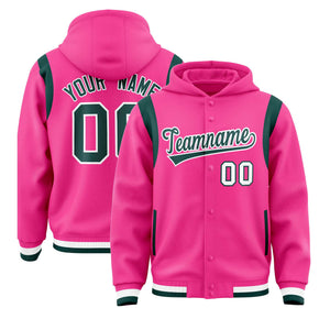 Custom Pink Midnight Green Varsity Full-Snap Letterman Shoulder Color Block Hoodie Jacket