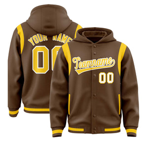 Custom Light Brown Gold Varsity Full-Snap Letterman Shoulder Color Block Hoodie Jacket