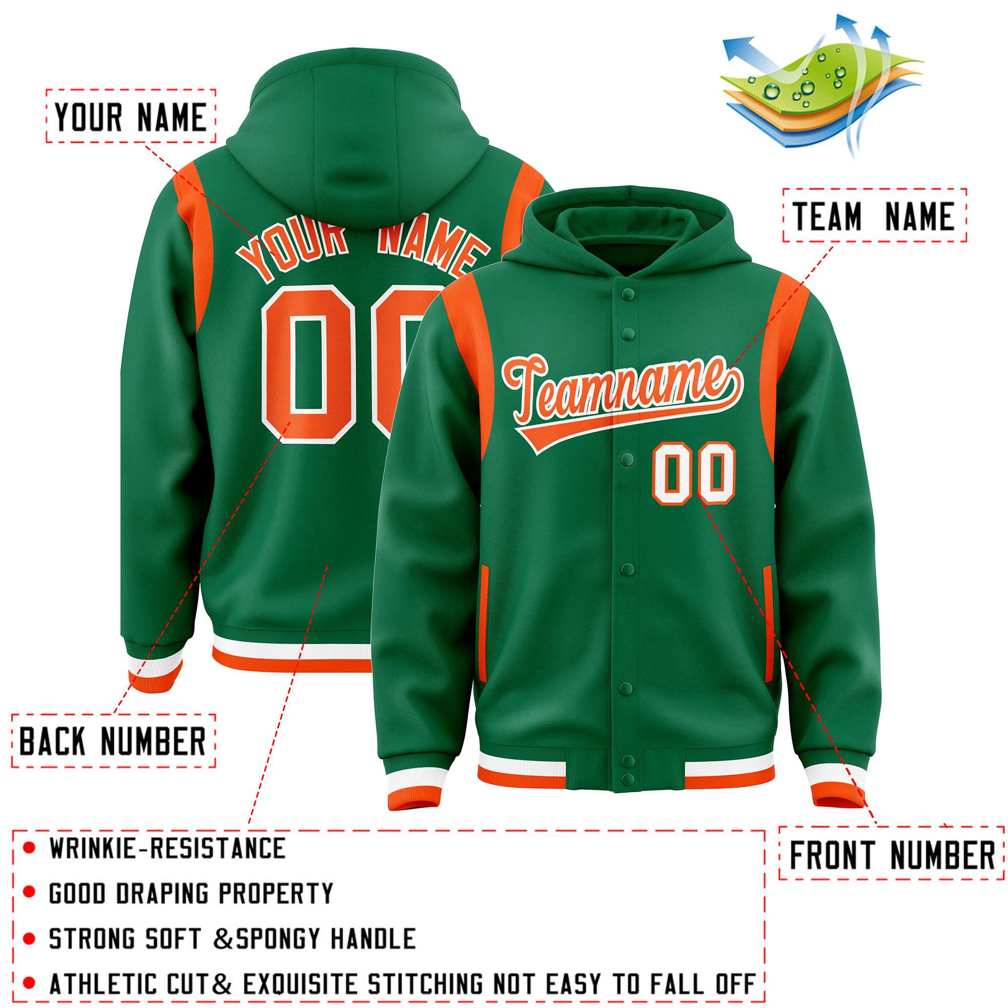 Custom Kelly Green Orange Varsity Full-Snap Letterman Shoulder Color Block Hoodie Jacket