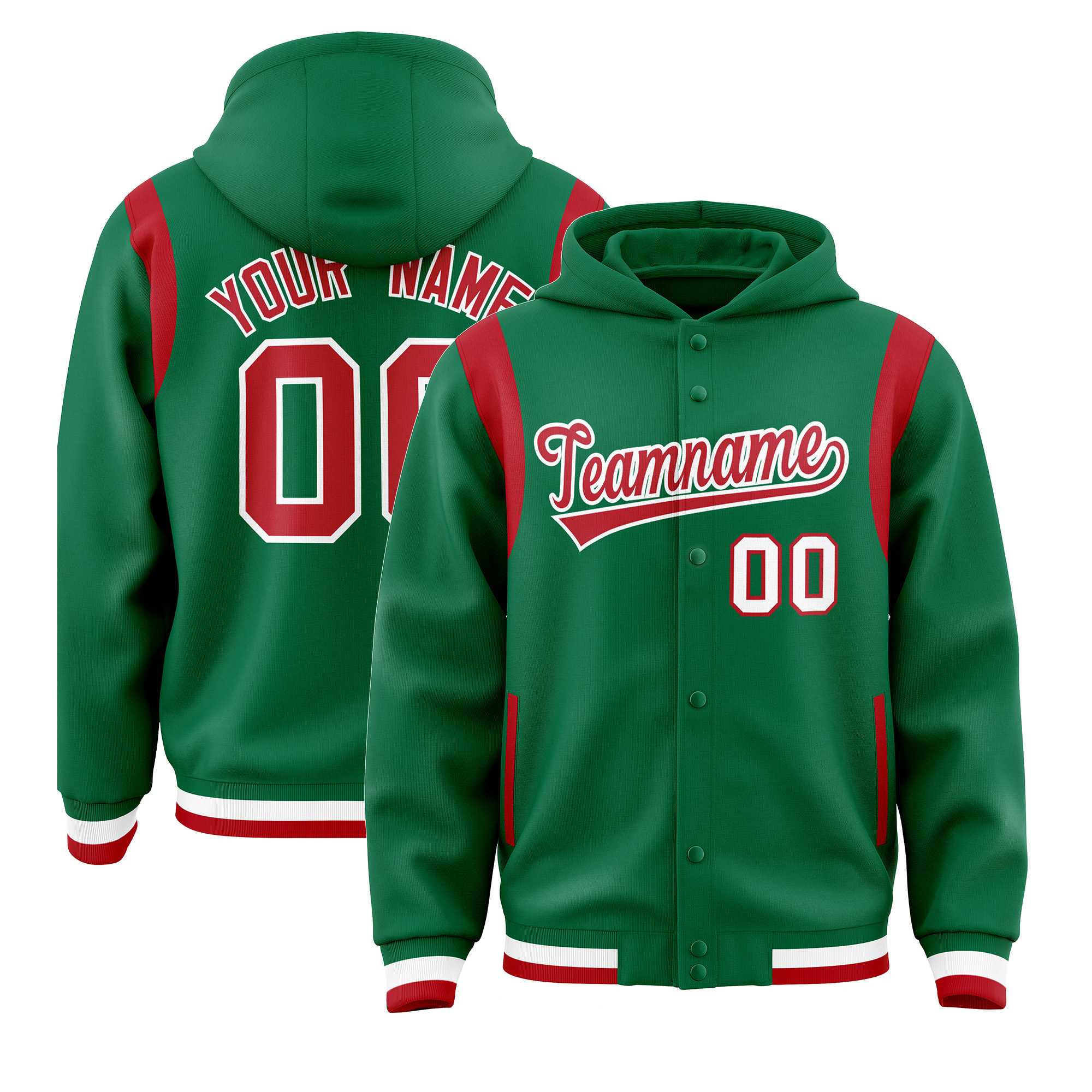 Custom Kelly Green Red Varsity Full-Snap Letterman Shoulder Color Block Hoodie Jacket