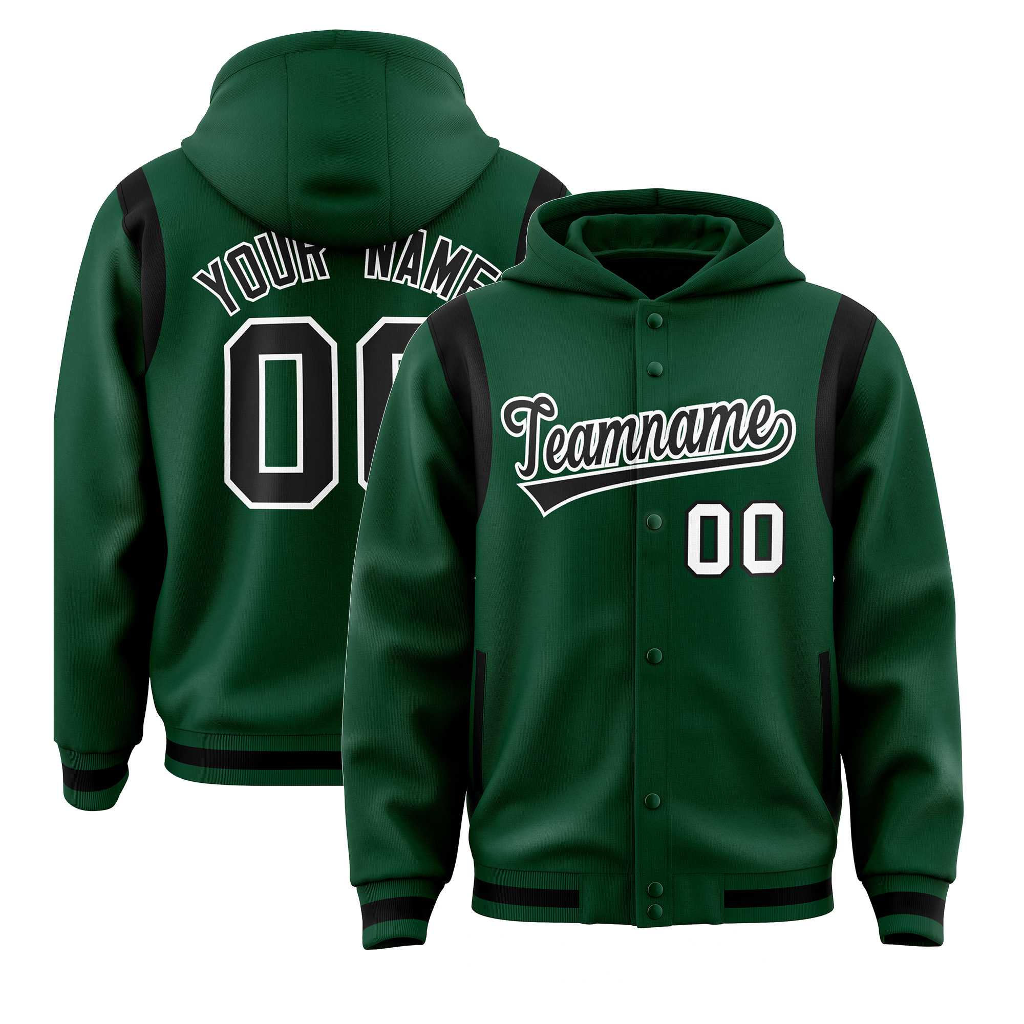 Custom Green Black Varsity Full-Snap Letterman Shoulder Color Block Hoodie Jacket