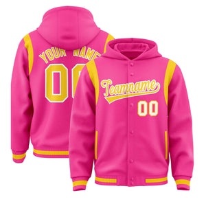 Custom Pink Gold Varsity Full-Snap Letterman Shoulder Color Block Hoodie Jacket