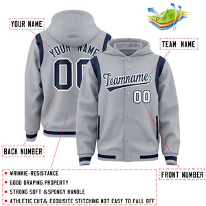 Custom Silver Navy Varsity Full-Snap Letterman Shoulder Color Block Hoodie Jacket