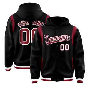 Custom Black Crimson Varsity Full-Snap Letterman Shoulder Color Block Hoodie Jacket