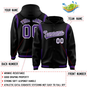 Custom Black Purple Varsity Full-Snap Letterman Shoulder Color Block Hoodie Jacket