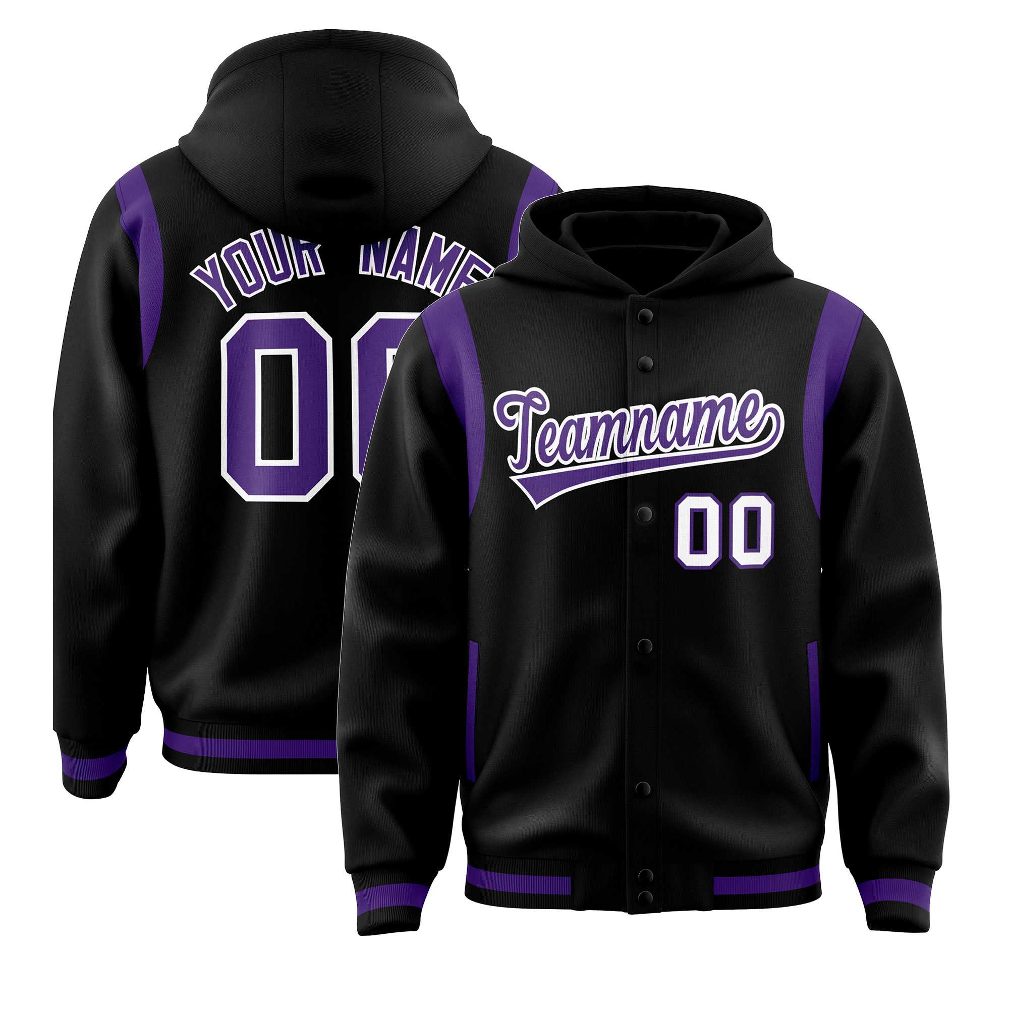 Custom Black Purple Varsity Full-Snap Letterman Shoulder Color Block Hoodie Jacket