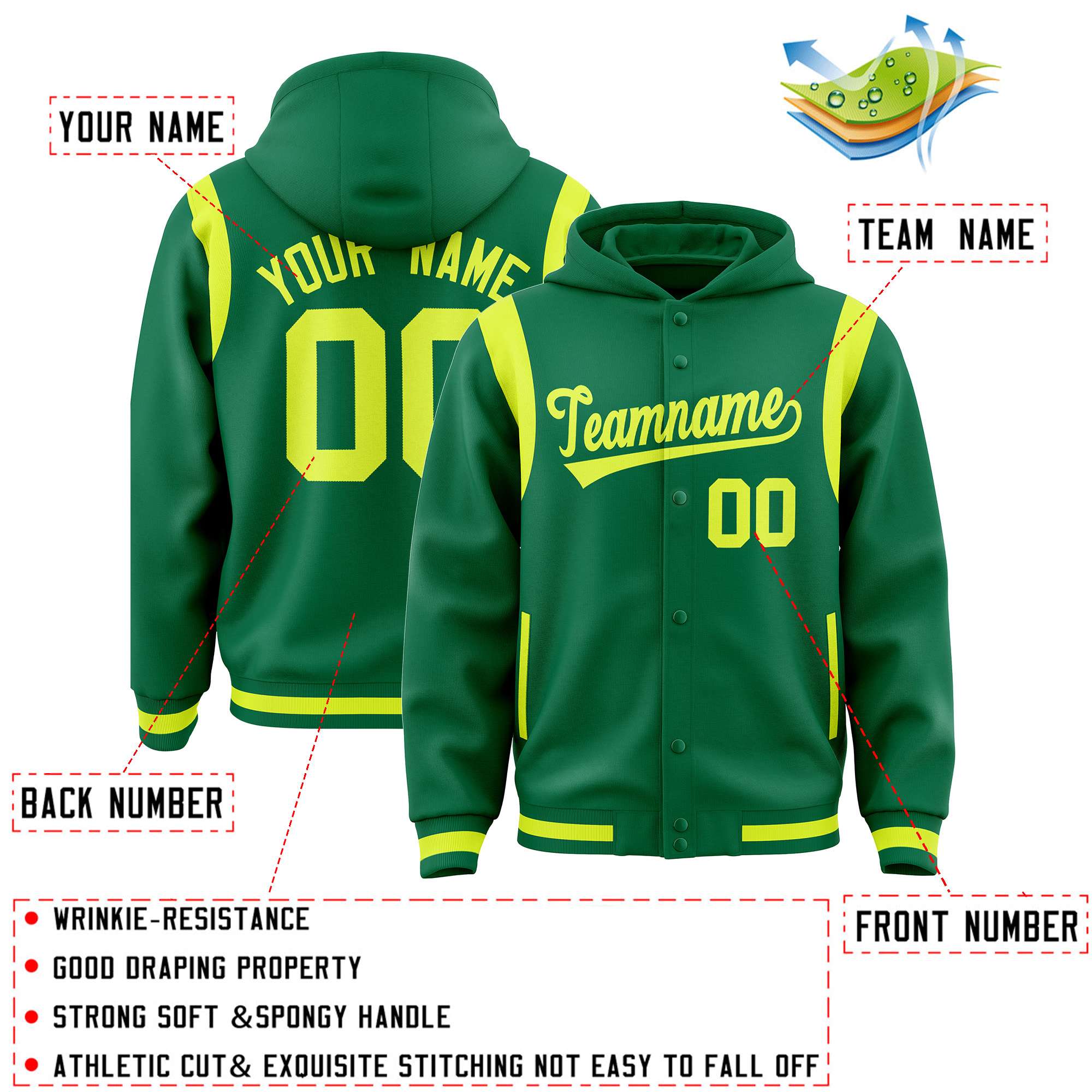 Custom Kelly Green Fluorescent Green Varsity Full-Snap Letterman Shoulder Color Block Hoodie Jacket