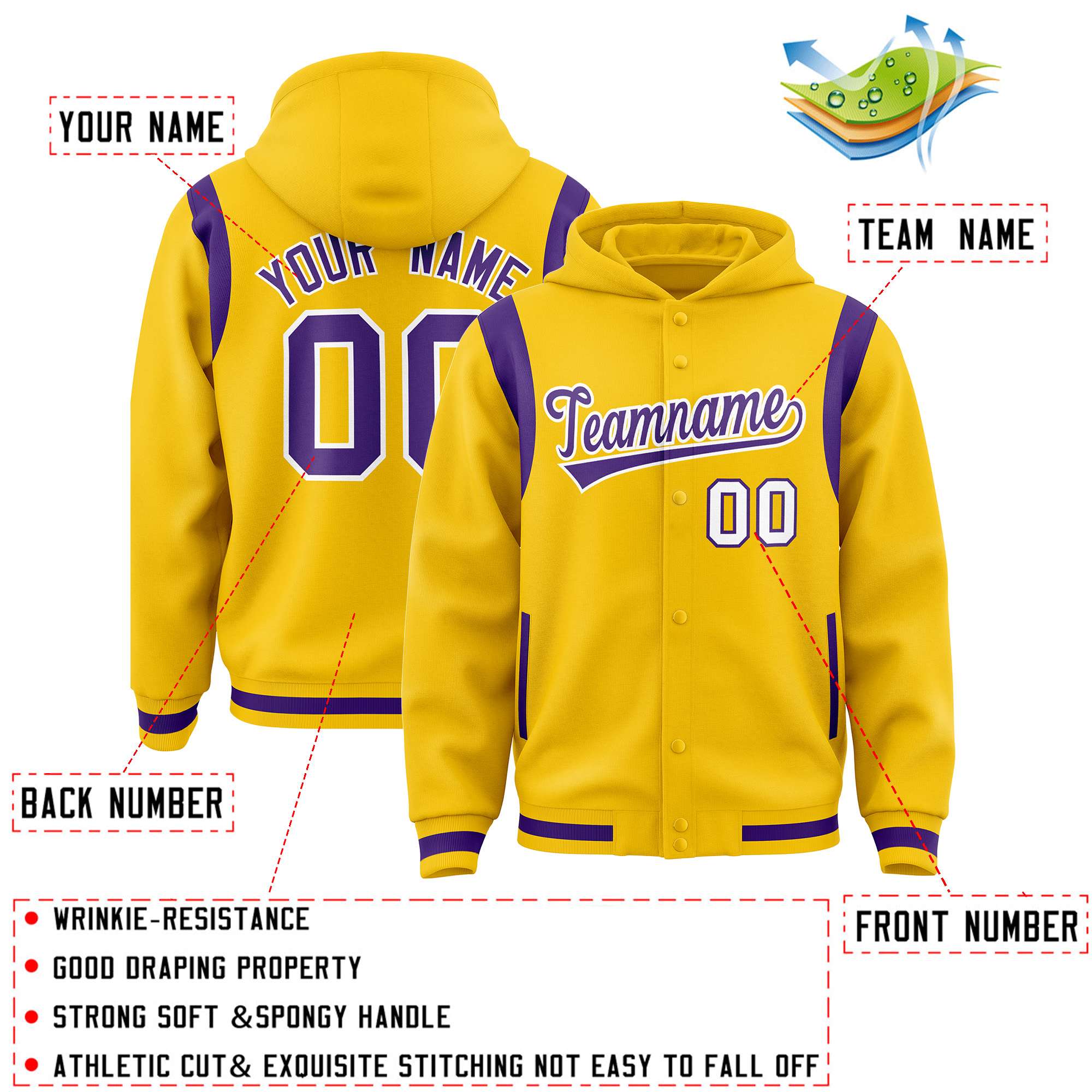 Custom Gold Purple Varsity Full-Snap Letterman Shoulder Color Block Hoodie Jacket