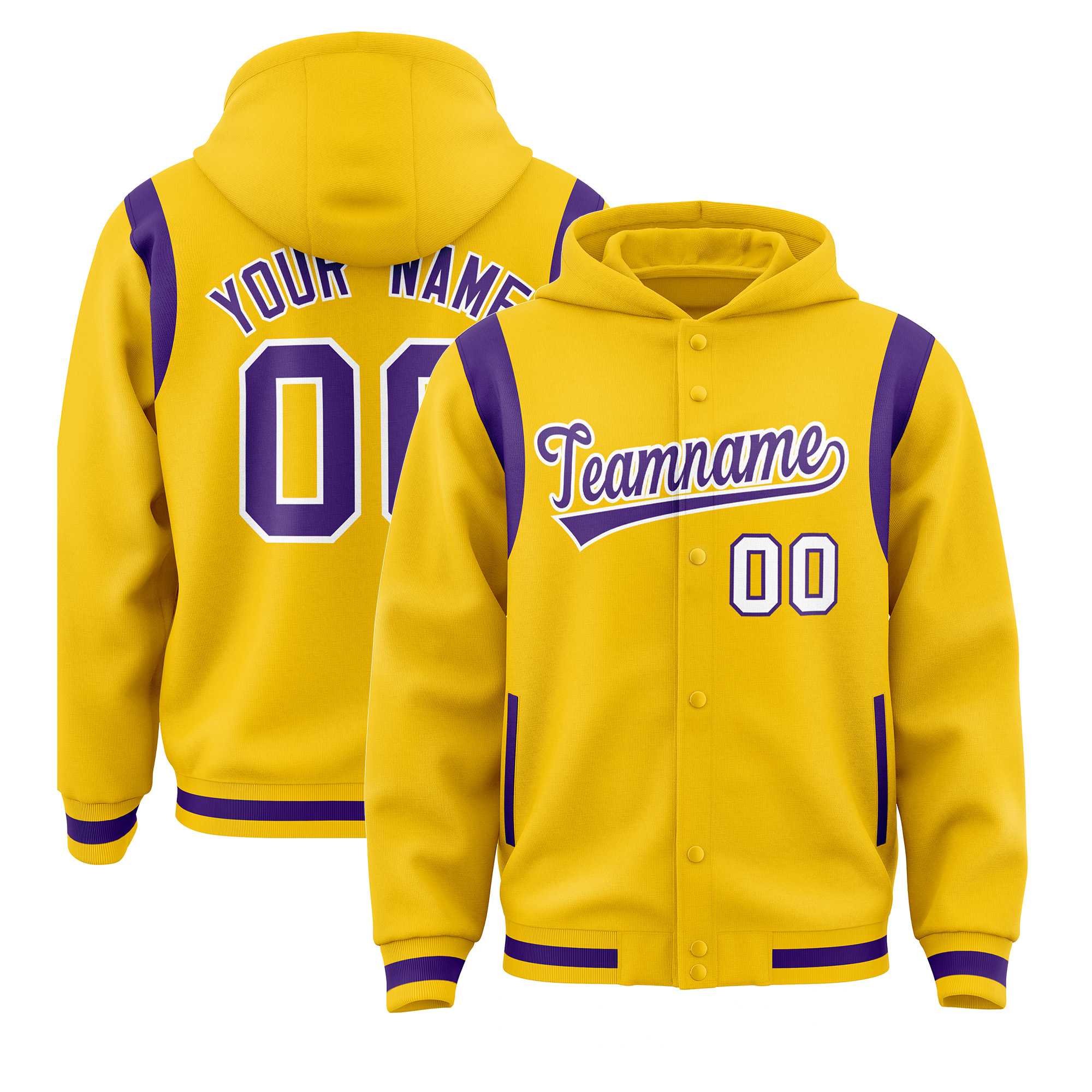 Custom Gold Purple Varsity Full-Snap Letterman Shoulder Color Block Hoodie Jacket