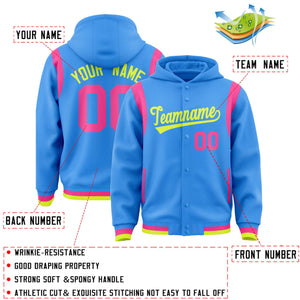 Custom Powder Blue Fluorescent Green Varsity Full-Snap Letterman Shoulder Color Block Hoodie Jacket