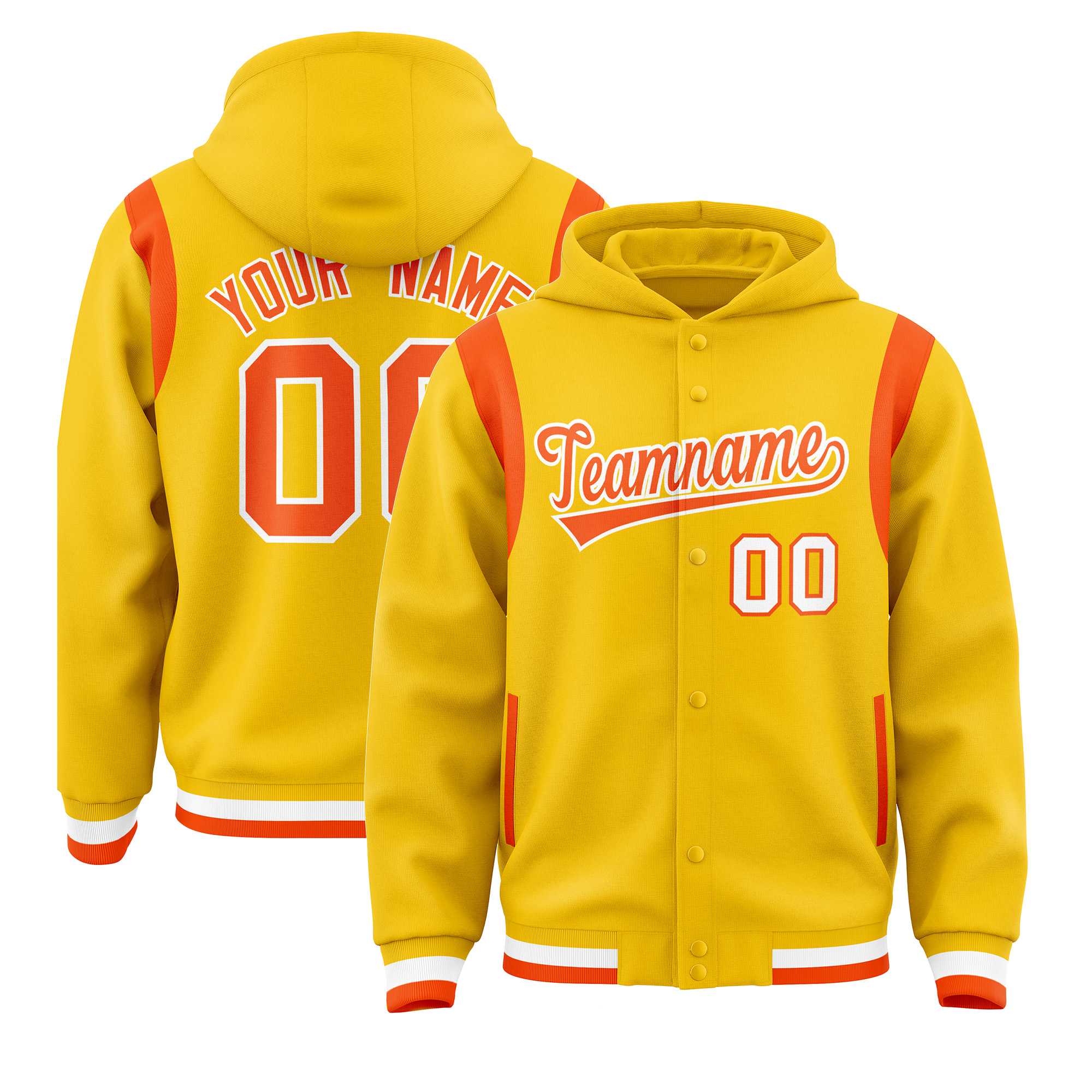 Custom Gold Orange Varsity Full-Snap Letterman Shoulder Color Block Hoodie Jacket