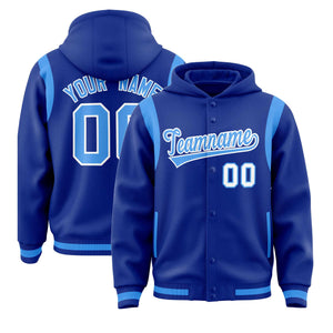 Custom Royal Powder Blue Varsity Full-Snap Letterman Shoulder Color Block Hoodie Jacket