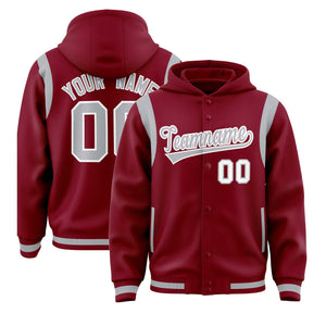 Custom Crimson Silver Varsity Full-Snap Letterman Shoulder Color Block Hoodie Jacket