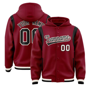 Custom Crimson Black Varsity Full-Snap Letterman Shoulder Color Block Hoodie Jacket