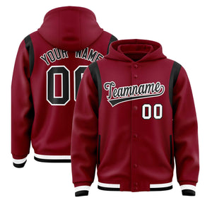 Custom Crimson Black Varsity Full-Snap Letterman Shoulder Color Block Hoodie Jacket