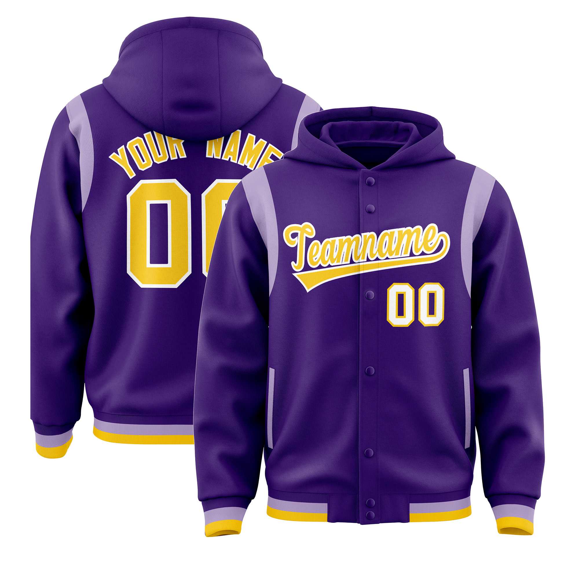 Custom Purple Gold Varsity Full-Snap Letterman Shoulder Color Block Hoodie Jacket