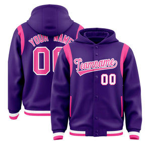 Custom Purple Pink Varsity Full-Snap Letterman Shoulder Color Block Hoodie Jacket