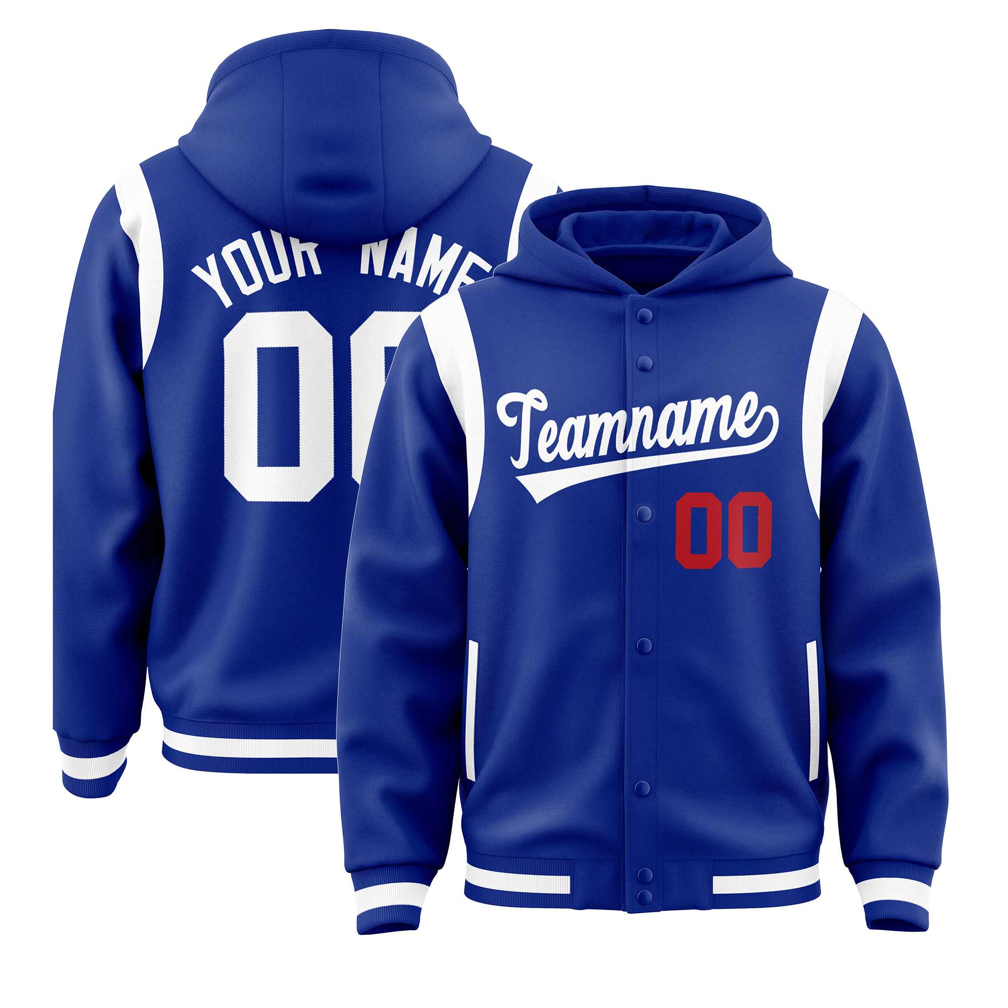 Custom Royal White Varsity Full-Snap Letterman Shoulder Color Block Hoodie Jacket