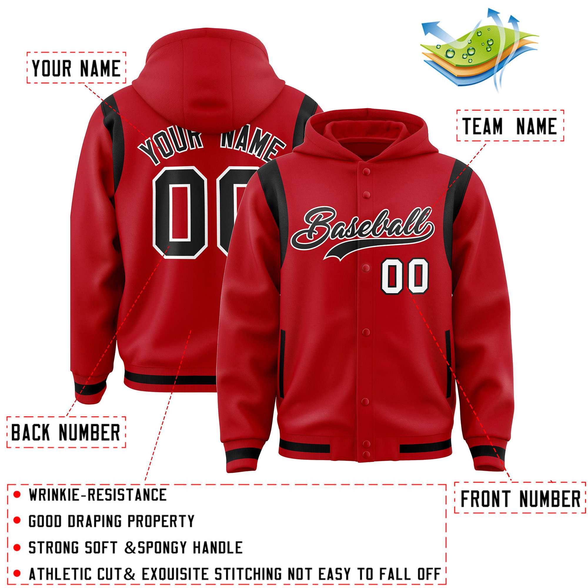 Custom Red Black Varsity Full-Snap Letterman Shoulder Color Block Hoodie Jacket