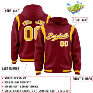 Custom Crimson Gold Varsity Full-Snap Letterman Shoulder Color Block Hoodie Jacket