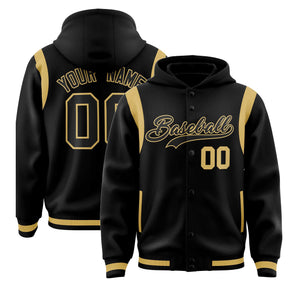 Custom Black Black Varsity Full-Snap Letterman Shoulder Color Block Hoodie Jacket