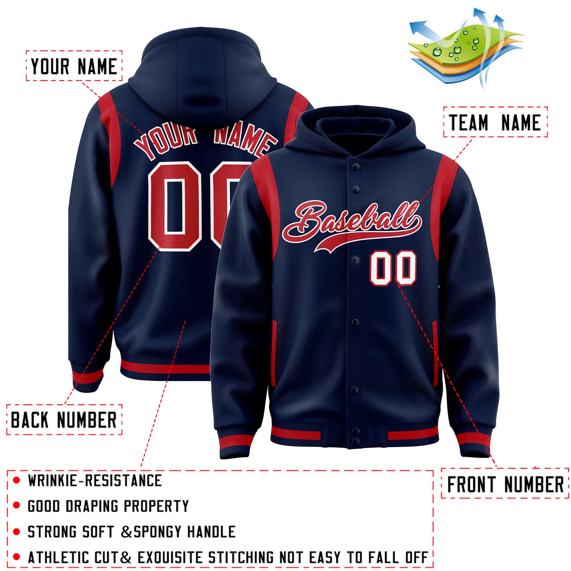 Custom Navy Red Varsity Full-Snap Letterman Shoulder Color Block Hoodie Jacket