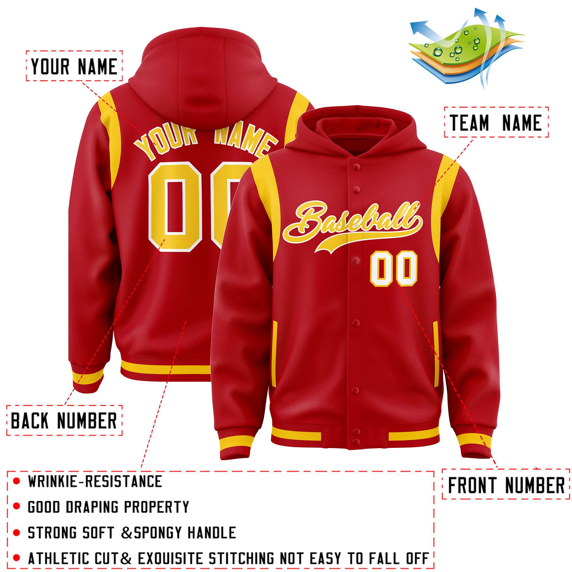 Custom Red Gold Varsity Full-Snap Letterman Shoulder Color Block Hoodie Jacket