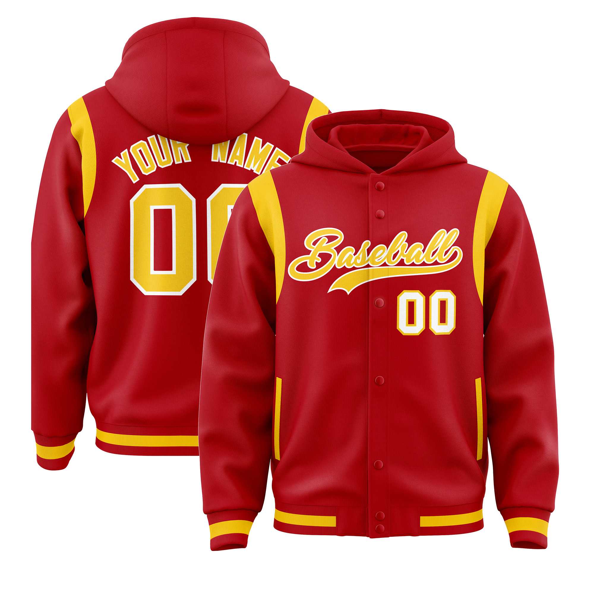 Custom Red Gold Varsity Full-Snap Letterman Shoulder Color Block Hoodie Jacket