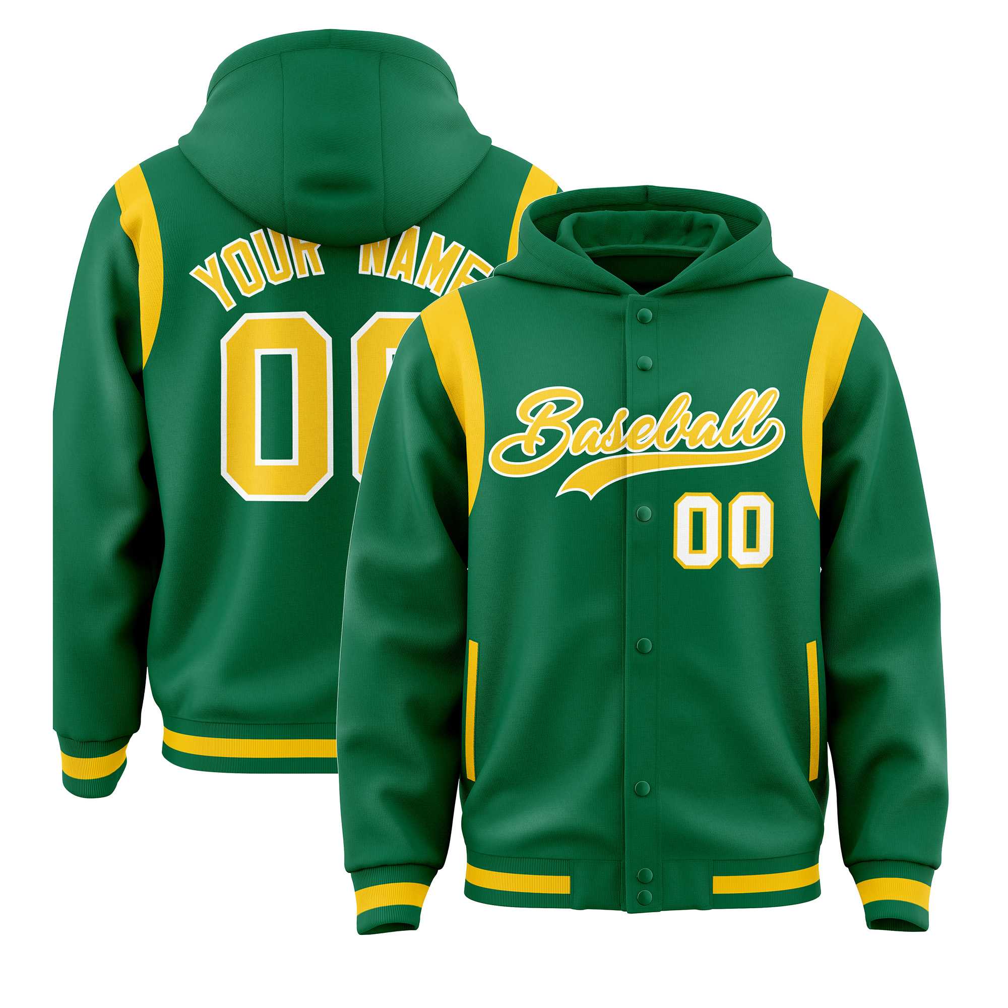 Custom Kelly Green Gold Varsity Full-Snap Letterman Shoulder Color Block Hoodie Jacket