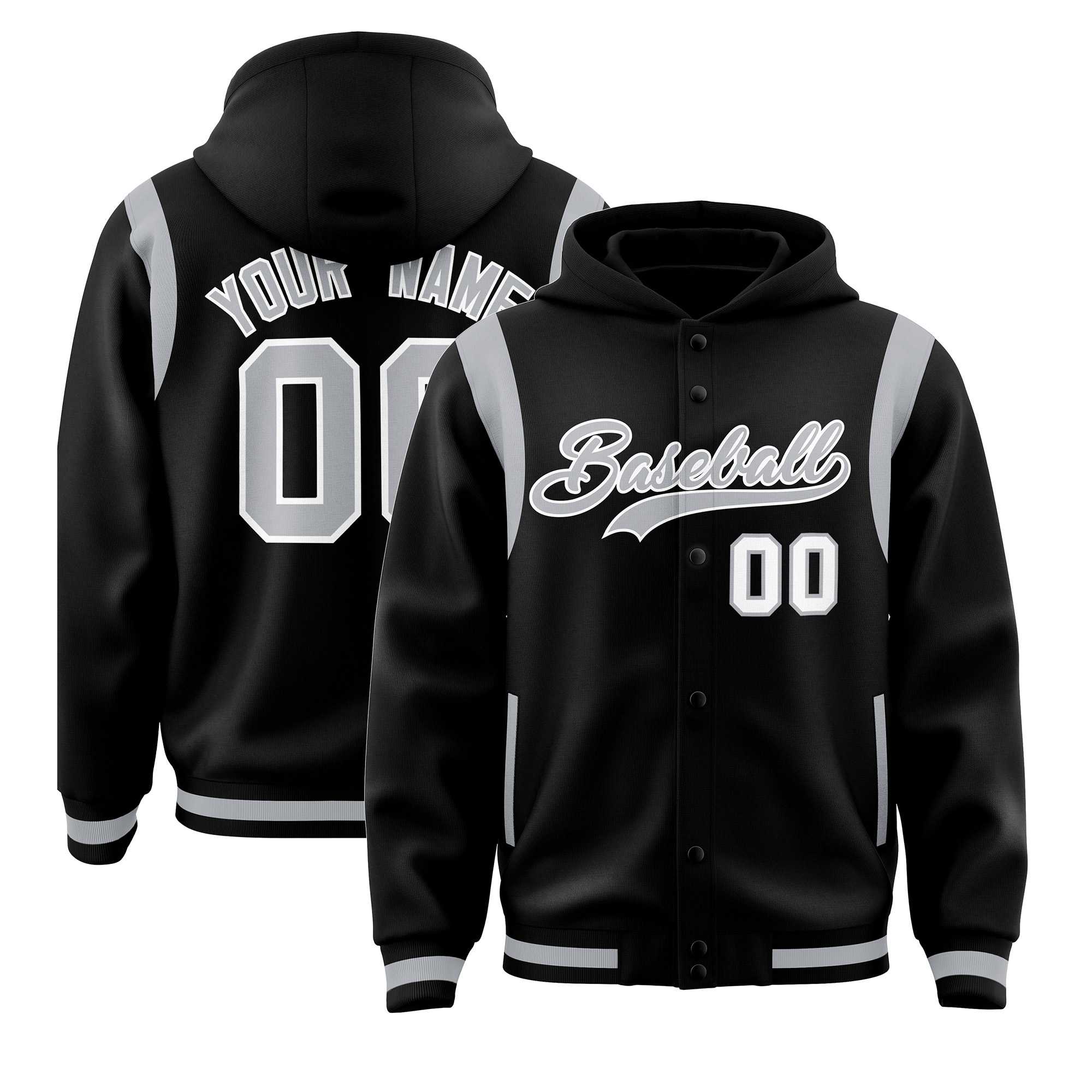 Custom Black Silver Varsity Full-Snap Letterman Shoulder Color Block Hoodie Jacket