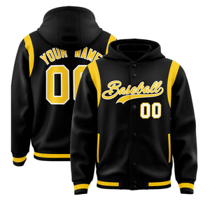 Custom Black Gold Varsity Full-Snap Letterman Shoulder Color Block Hoodie Jacket