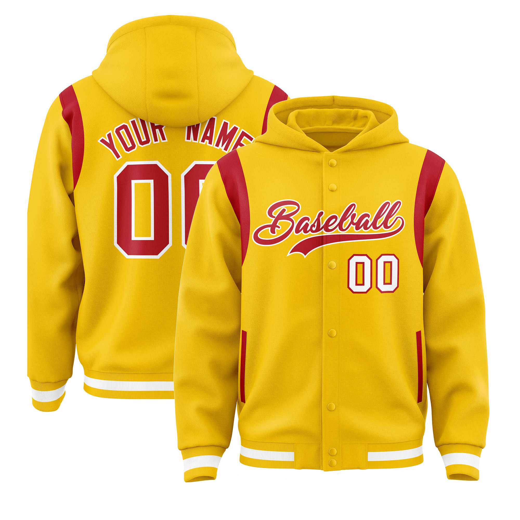 Custom Gold Red Varsity Full-Snap Letterman Shoulder Color Block Hoodie Jacket