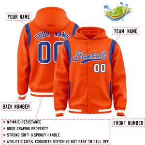 Custom Orange Royal Varsity Full-Snap Letterman Shoulder Color Block Hoodie Jacket