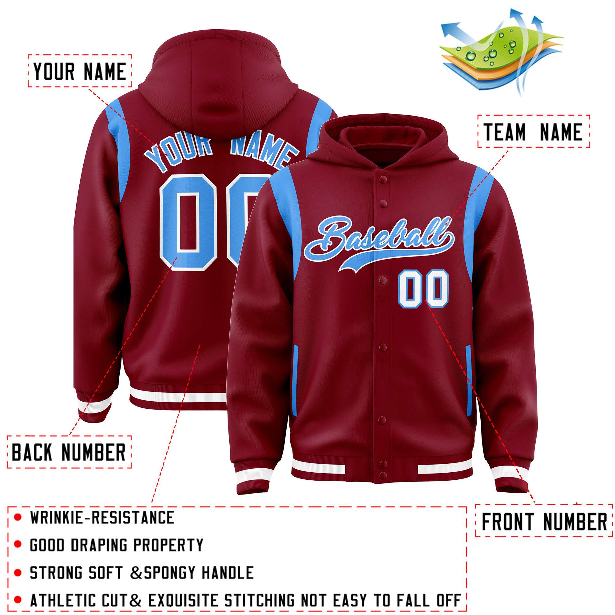 Custom Crimson Powder Blue Varsity Full-Snap Letterman Shoulder Color Block Hoodie Jacket