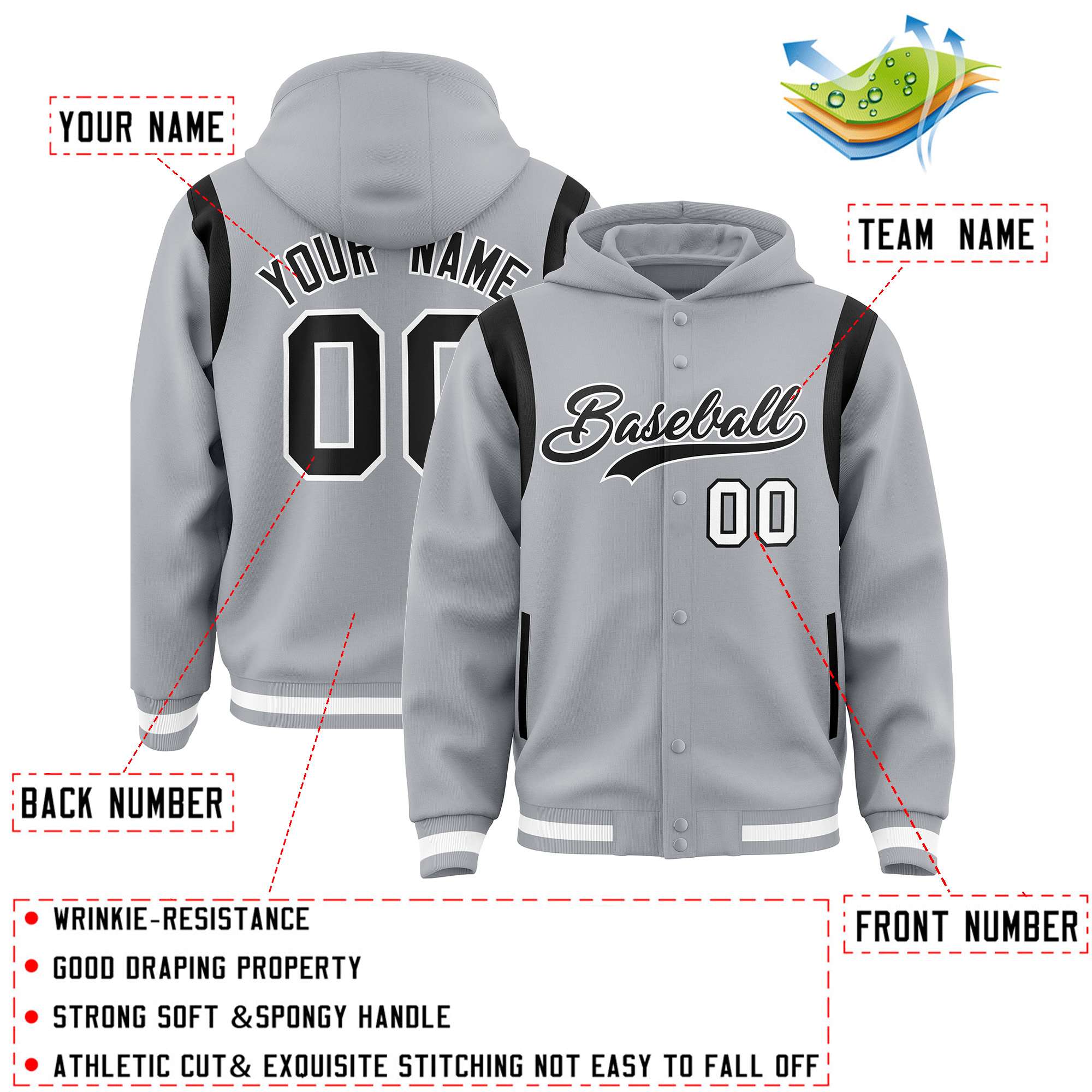 Custom Silver Black Varsity Full-Snap Letterman Shoulder Color Block Hoodie Jacket