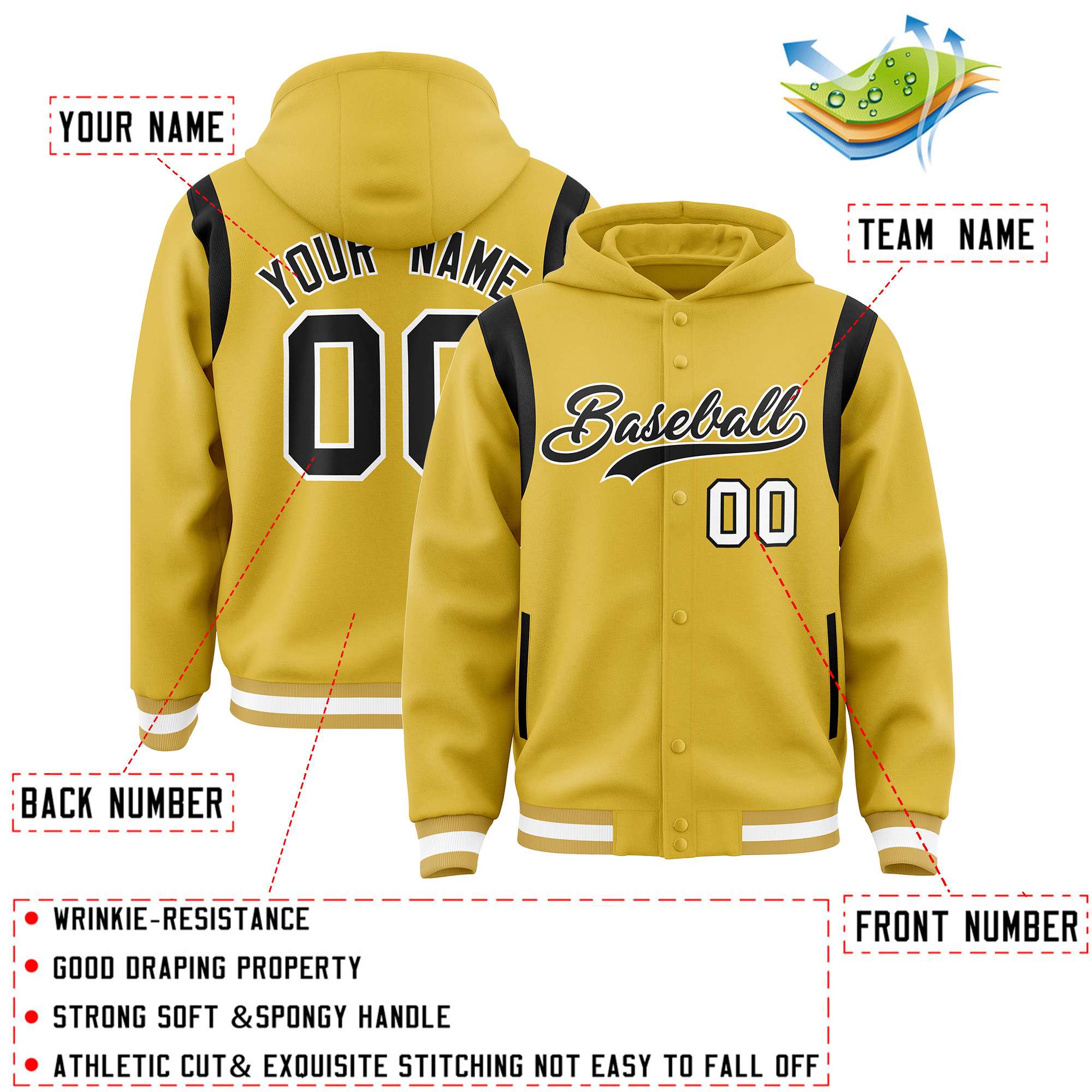 Custom Old Gold Black Varsity Full-Snap Letterman Shoulder Color Block Hoodie Jacket