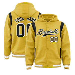 Custom Old Gold Black Varsity Full-Snap Letterman Shoulder Color Block Hoodie Jacket