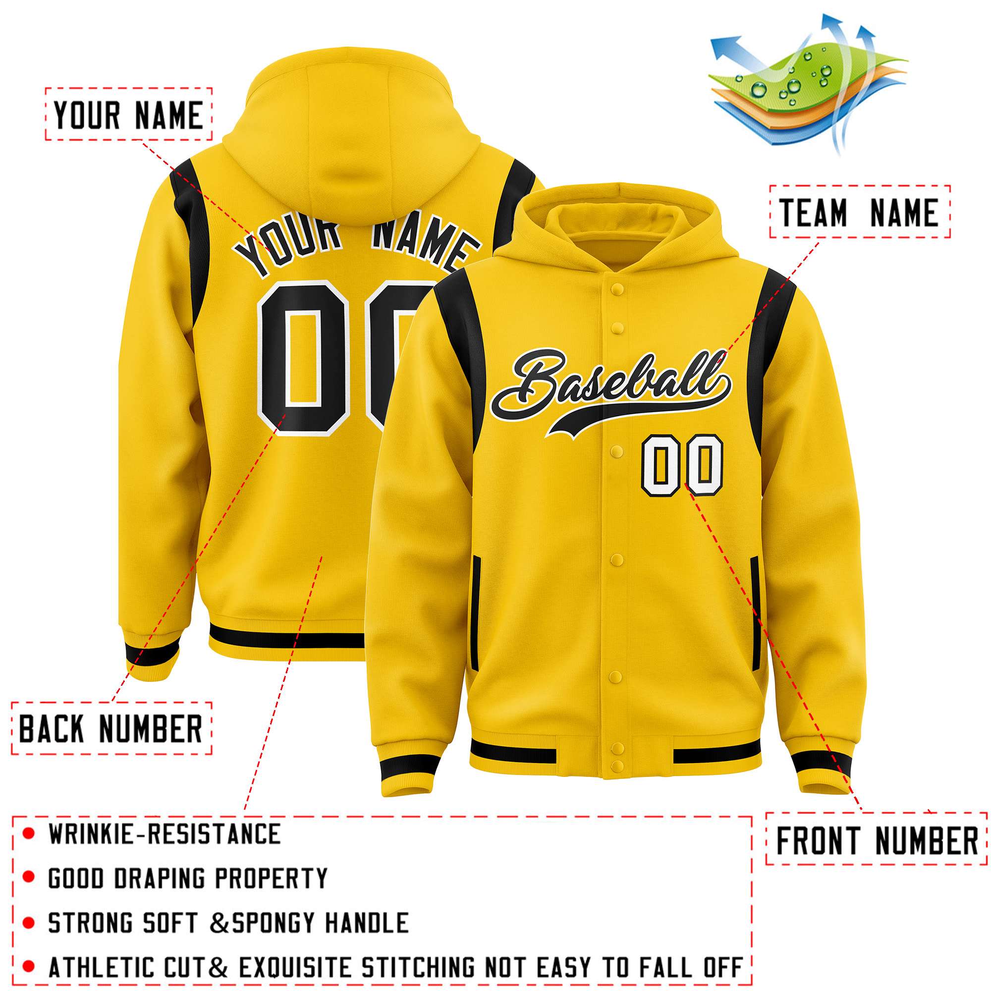 Custom Gold Black Varsity Full-Snap Letterman Shoulder Color Block Hoodie Jacket