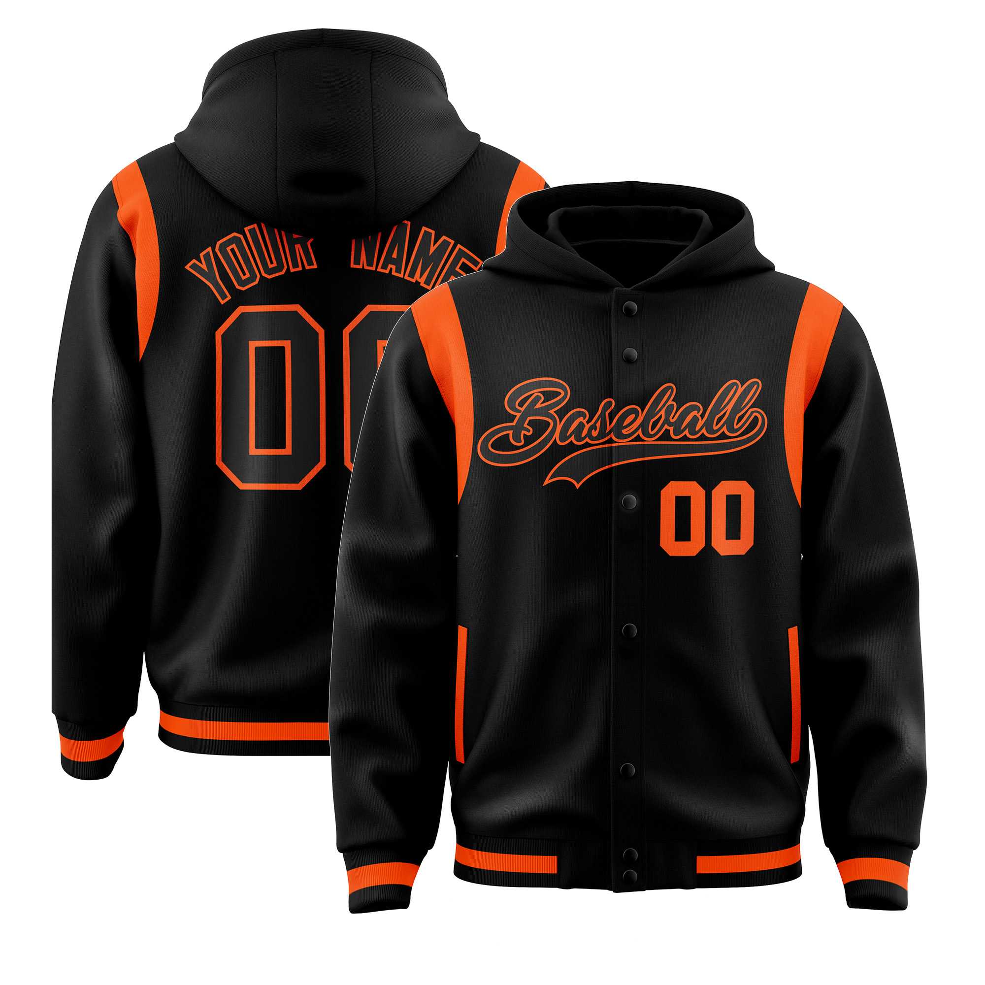 Custom Black Black Varsity Full-Snap Letterman Shoulder Color Block Hoodie Jacket