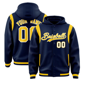 Custom Navy Gold Varsity Full-Snap Letterman Shoulder Color Block Hoodie Jacket